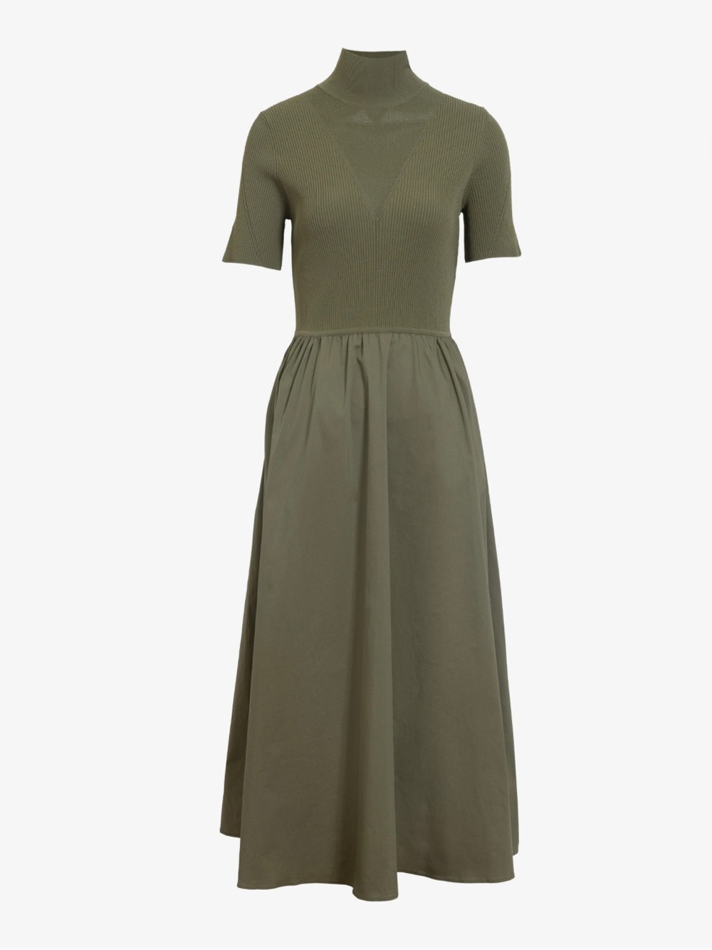 Tanya Taylor Teresa Olive Green Short-Sleeve Mock Neck Dress